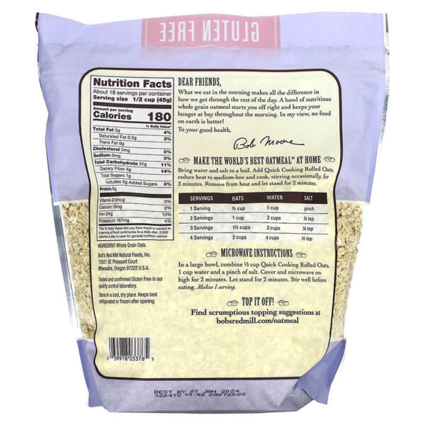 Bobs Red Mill Gluten Free Quick Cooking Oats 794g. - Image 2