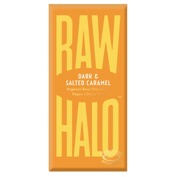 Raw Halo Vegan Dark and Salted Caramel Chocolate 70g.