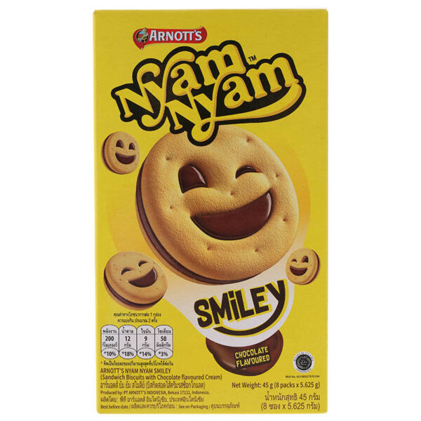 Arnotts Nyam Nyam Smiley Sanwich Biscuits with Chocolate Cream 45g.
